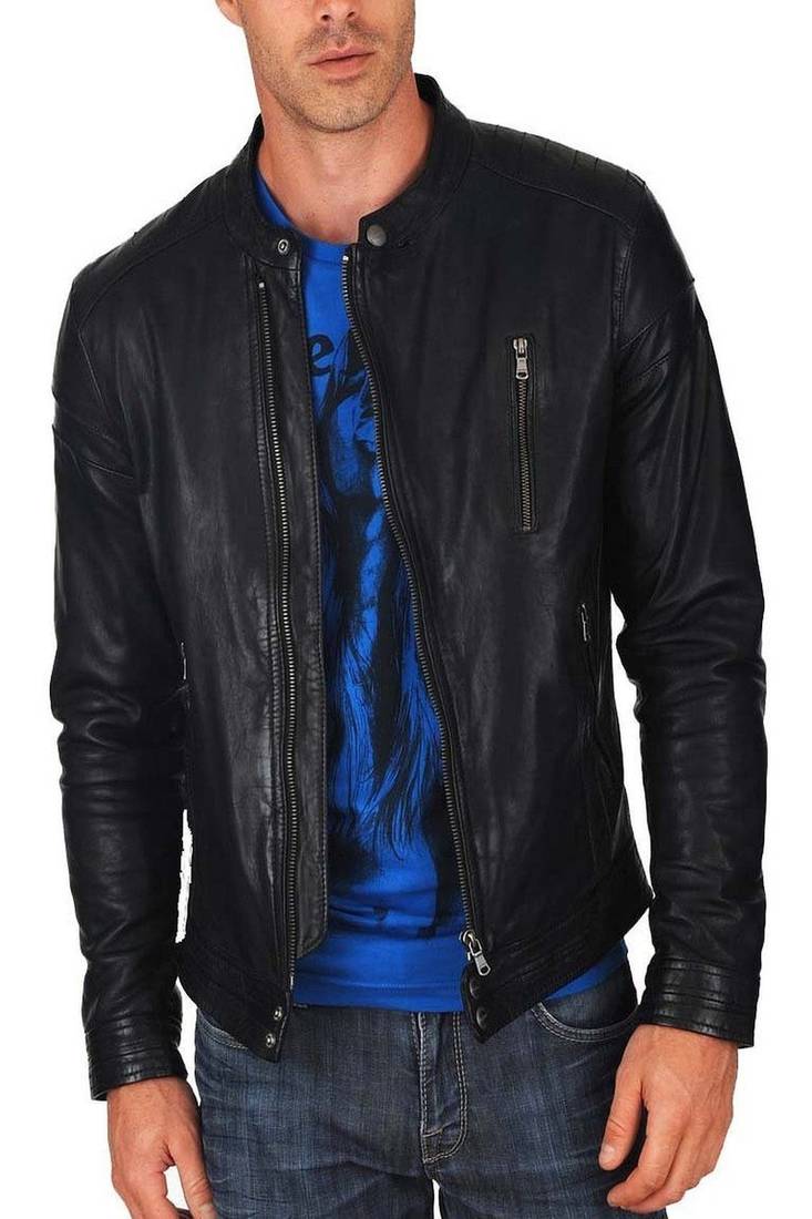 Men's black genuine lambskin leather motorcycle jacket slim fit designer men biker jacket-l194