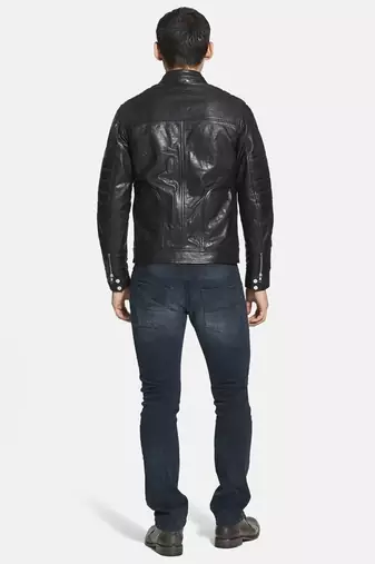 Men's black genuine lambskin leather motorcycle jacket slim fit designer men biker jacket-l197