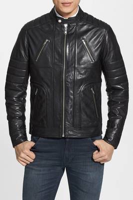men's black lambskin leather biker jacket classic moto zip style premium select 1