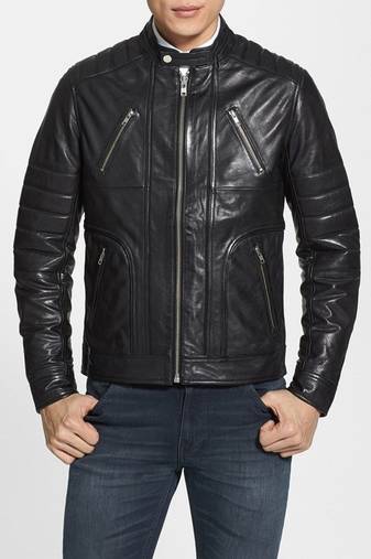 Men's black genuine lambskin leather motorcycle jacket slim fit designer men biker jacket-l197