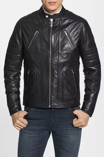 men's black lambskin leather biker jacket classic moto zip style premium select