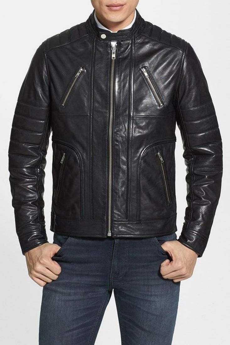Men's black genuine lambskin leather motorcycle jacket slim fit designer men biker jacket-l197