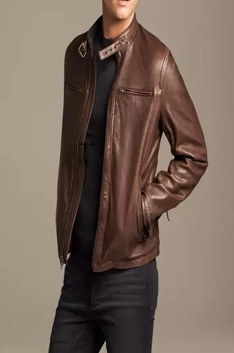 men's brown lambskin leather biker jacket classic moto zip style elegant