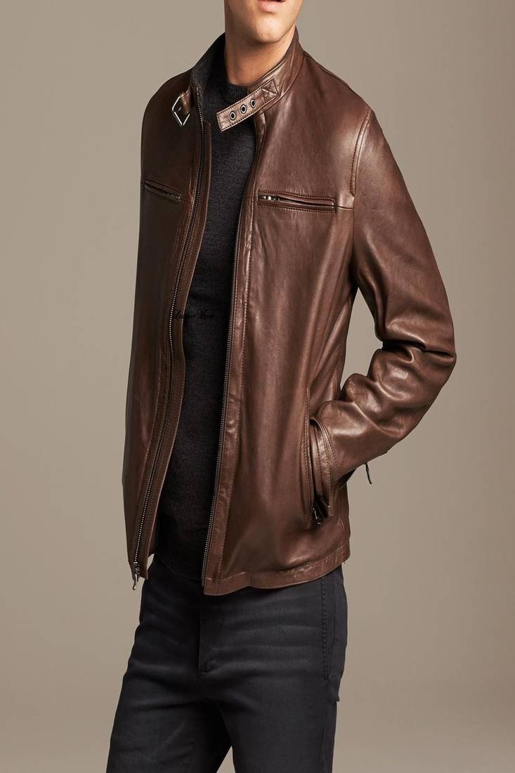 Men's brown genuine lambskin leather motorcycle jacket slim fit designer men biker jacket-l198
