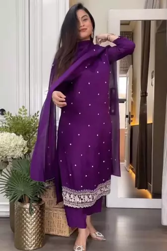 Purple embroidered viscose chinnon silk stitched kurta pant dupatta set