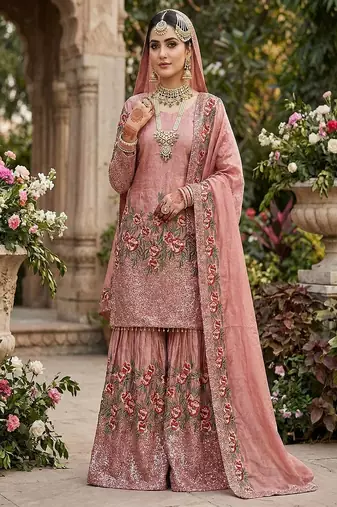 Designer pink silk kurta set with heavy floral embroidery & sharara