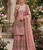 Designer pink silk kurta set with heavy floral embroidery & sharara