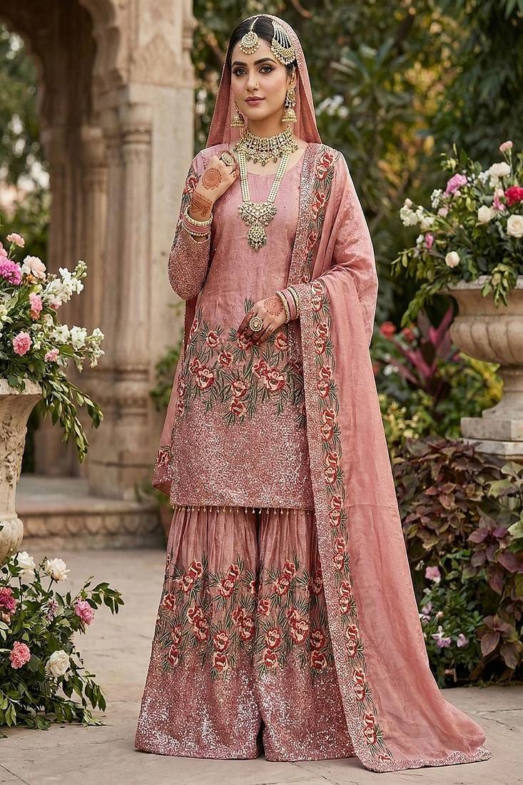 Designer pink silk kurta set with heavy floral embroidery & sharara