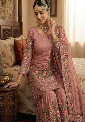 Designer pink silk kurta set with heavy floral embroidery & sharara 2