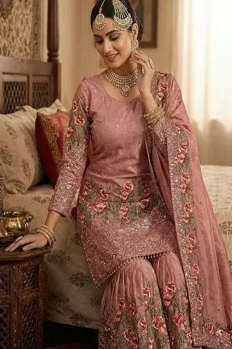 Designer pink silk kurta set with heavy floral embroidery & sharara