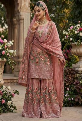 Designer pink silk kurta set with heavy floral embroidery & sharara 4