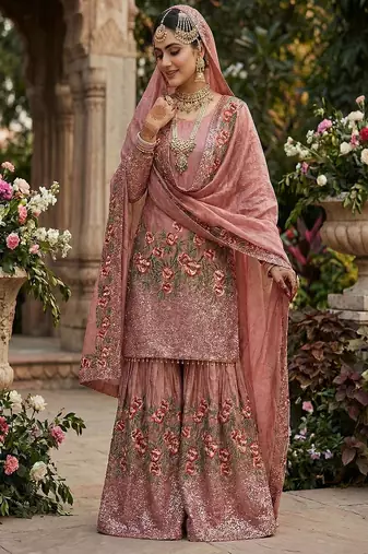 Designer pink silk kurta set with heavy floral embroidery & sharara