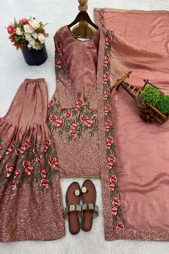 Designer pink silk kurta set with heavy floral embroidery & sharara
