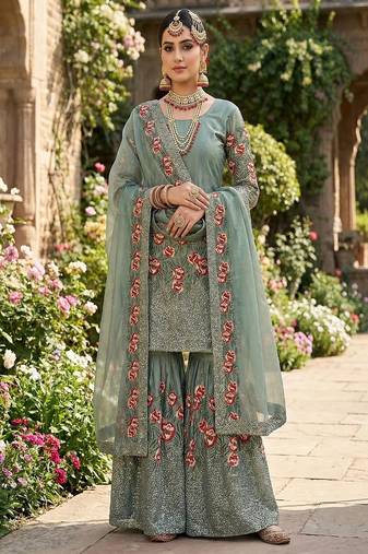 Designer sky silk kurta set with heavy floral embroidery & sharara