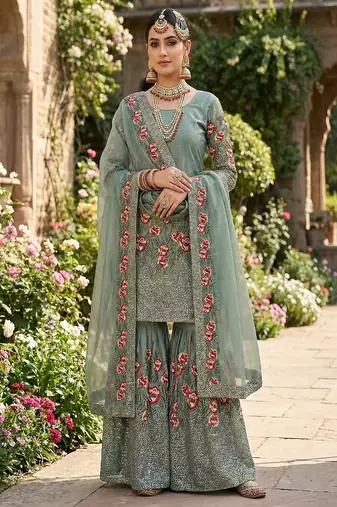 Designer sky silk kurta set with heavy floral embroidery & sharara