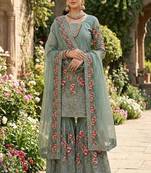 Designer sky silk kurta set with heavy floral embroidery & sharara