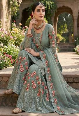 Designer sky silk kurta set with heavy floral embroidery & sharara 2