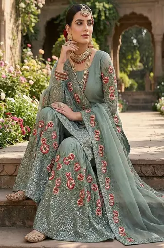 Designer sky silk kurta set with heavy floral embroidery & sharara