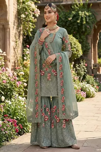 Designer sky silk kurta set with heavy floral embroidery & sharara