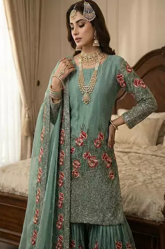 Designer sky silk kurta set with heavy floral embroidery & sharara