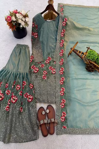 Designer sky silk kurta set with heavy floral embroidery & sharara