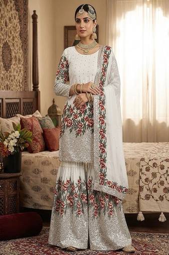 Designer white silk kurta set with heavy floral embroidery & sharara