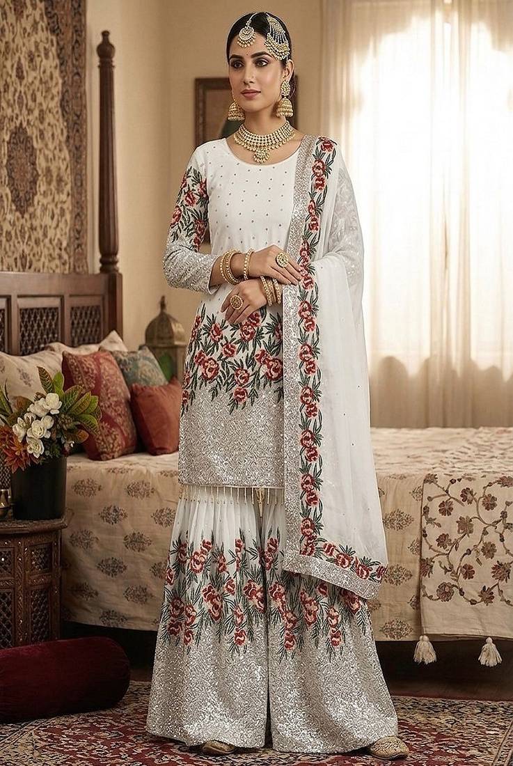 Designer white silk kurta set with heavy floral embroidery & sharara