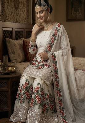 Designer white silk kurta set with heavy floral embroidery & sharara 2