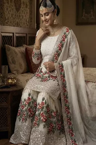Designer white silk kurta set with heavy floral embroidery & sharara
