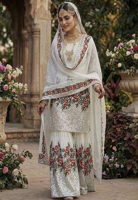 Designer white silk kurta set with heavy floral embroidery & sharara 3