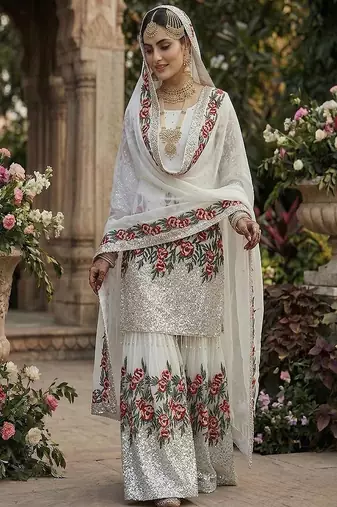 Designer white silk kurta set with heavy floral embroidery & sharara