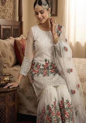 Designer white silk kurta set with heavy floral embroidery & sharara 4
