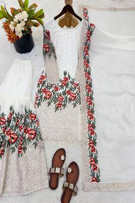 Designer white silk kurta set with heavy floral embroidery & sharara 5