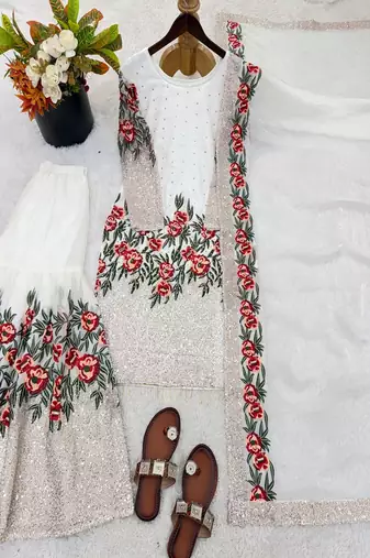 Designer white silk kurta set with heavy floral embroidery & sharara