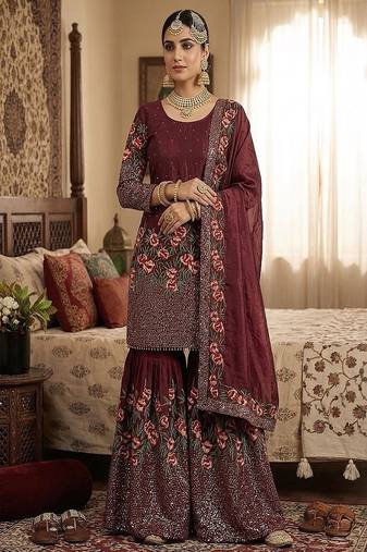 Designer maroon silk kurta set with heavy floral embroidery & sharara