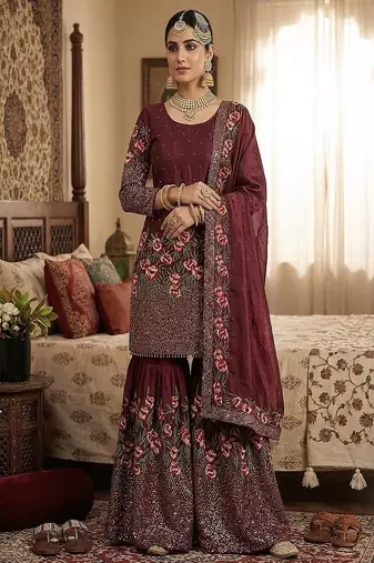 Designer maroon silk kurta set with heavy floral embroidery & sharara