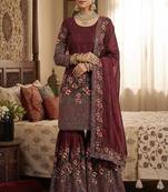 Designer maroon silk kurta set with heavy floral embroidery & sharara