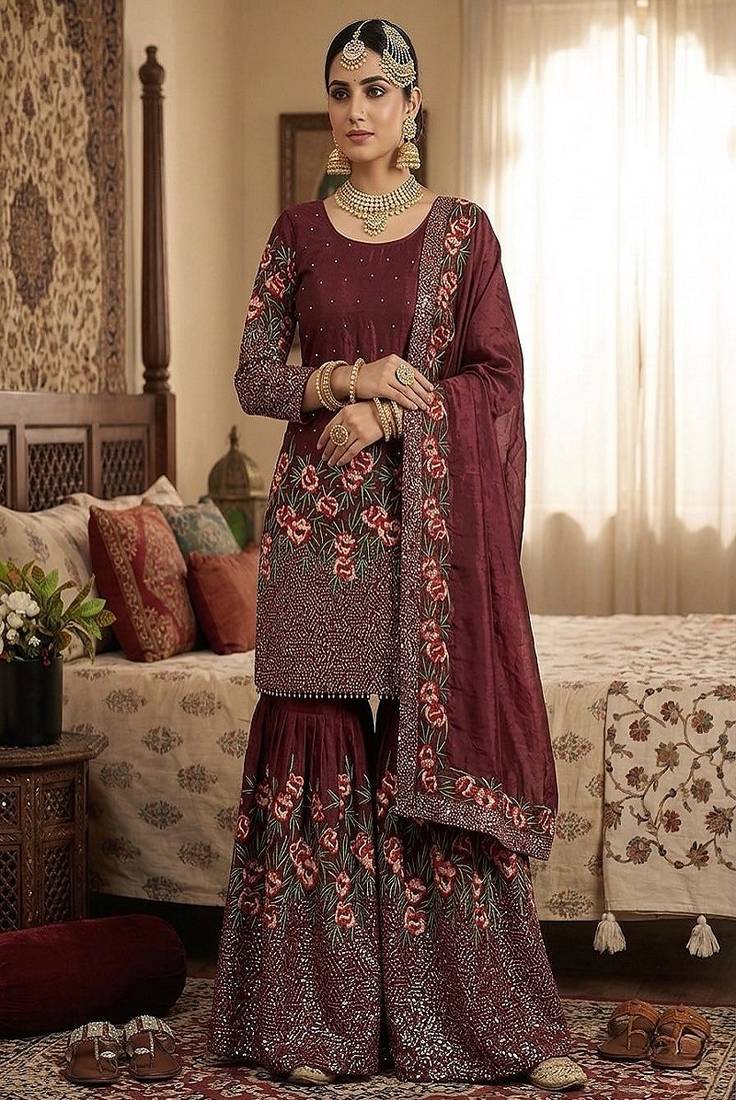 Designer maroon silk kurta set with heavy floral embroidery & sharara