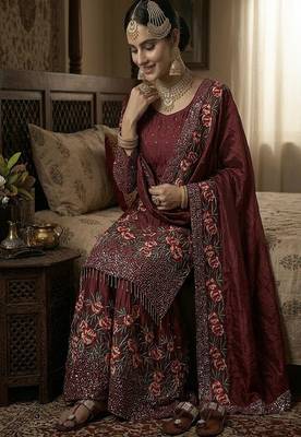 Designer maroon silk kurta set with heavy floral embroidery & sharara 2