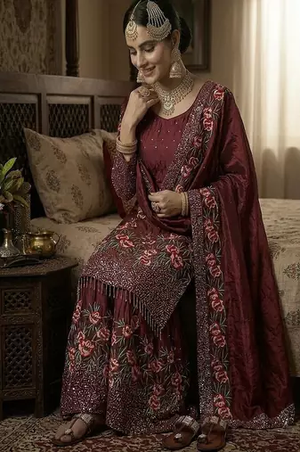 Designer maroon silk kurta set with heavy floral embroidery & sharara