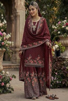 Designer maroon silk kurta set with heavy floral embroidery & sharara 3