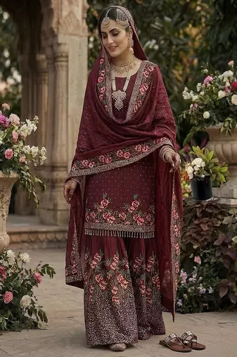 Designer maroon silk kurta set with heavy floral embroidery & sharara