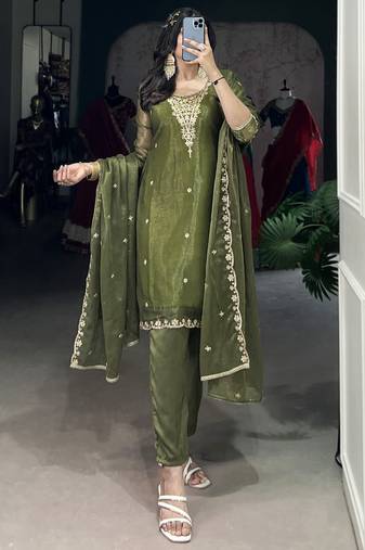 Incredible Olive Green Sequins Organza Mehendi Wear Salwar Suit