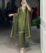 Incredible Olive Green Sequins Organza Mehendi Wear Salwar Suit