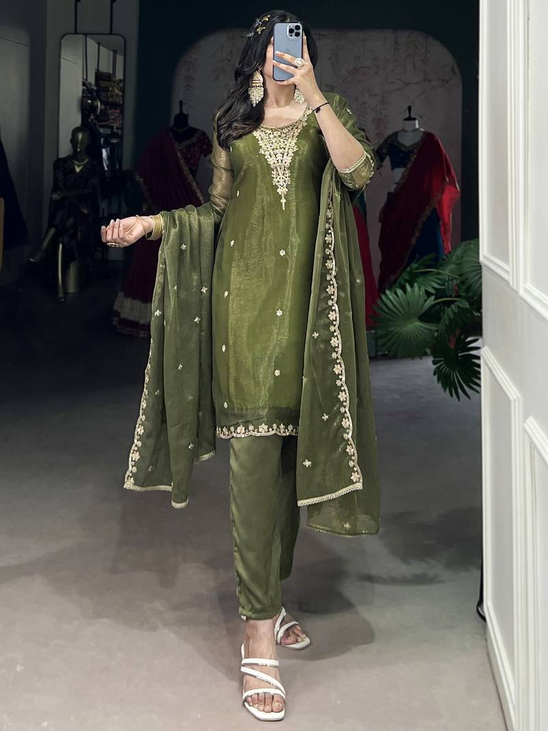 Incredible Olive Green Sequins Organza Mehendi Wear Salwar Suit