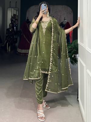 Incredible Olive Green Sequins Organza Mehendi Wear Salwar Suit 2