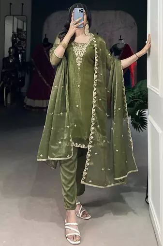 Incredible Olive Green Sequins Organza Mehendi Wear Salwar Suit
