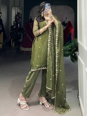 Incredible Olive Green Sequins Organza Mehendi Wear Salwar Suit 3
