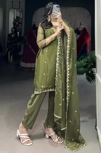 Incredible Olive Green Sequins Organza Mehendi Wear Salwar Suit