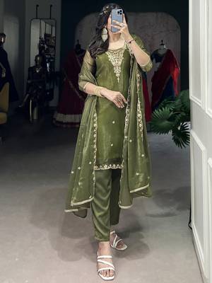 Incredible Olive Green Sequins Organza Mehendi Wear Salwar Suit 4